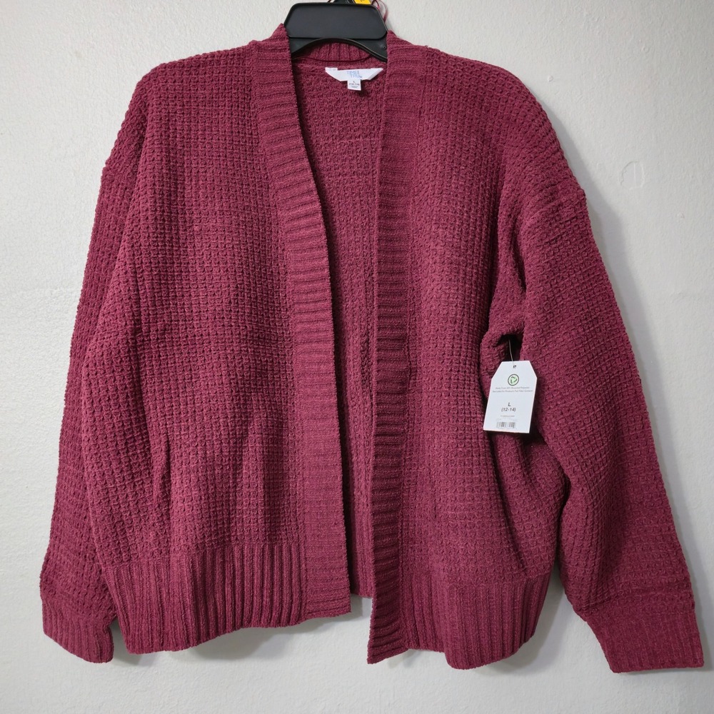 Time and Tru Womens Burgundy Waffle Knit Open Front Cardigan Sweater Large 12-14